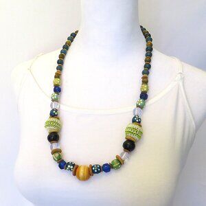 Blue and Green Wood and Macrame Bead Necklace Chunky.....726